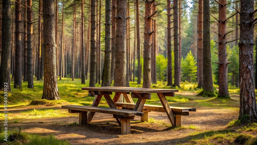 wooden picnic table under pine tree in forest in spring wooden picnic table under pine tree in forest in spring