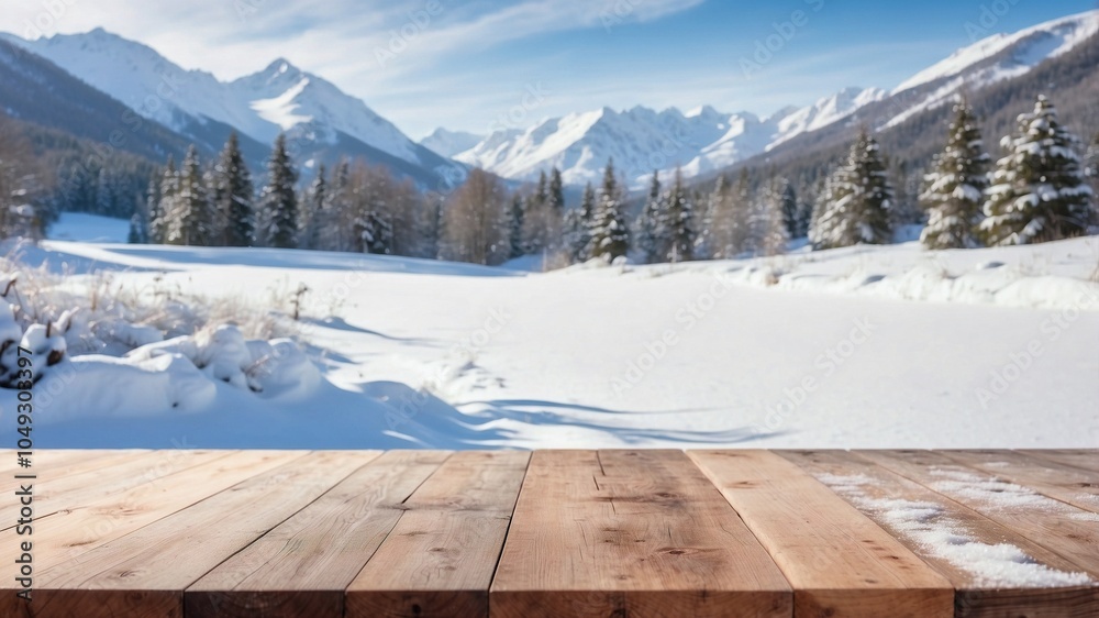 Empty Wooden Table Background Blurred Winter Landscape, Wooden Table, Modern Design Empty Wooden Table Background Blurred Winter Landscape, Wooden Table, Modern Design
