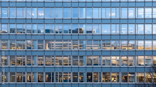 Office building facade in urban setting showcasing rows of window panes and interior lights : Generative AI