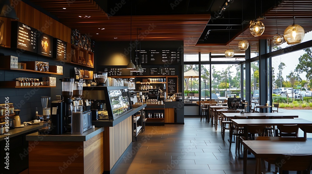 Contemporary Coffeehouse With Sleek Design and Central Barista Station : Generative AI Contemporary Coffeehouse With Sleek Design and Central Barista Station : Generative AI