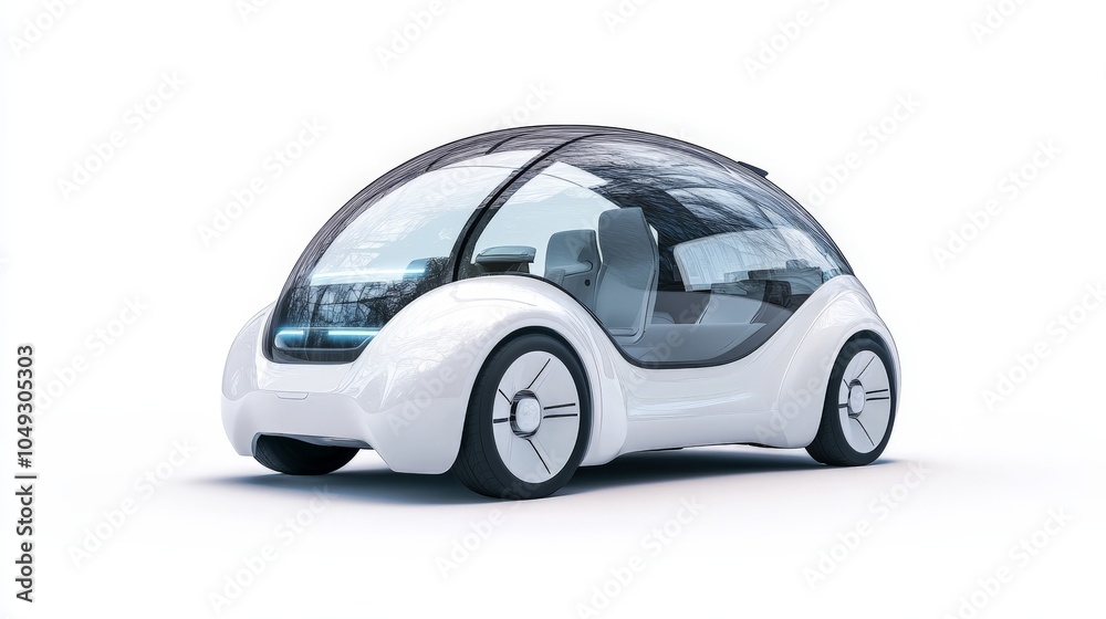 A futuristic self-driving car with a glass dome roof, showcased on a clean white backdrop, representing the evolution of autonomous vehicles A futuristic self-driving car with a glass dome roof, showcased on a clean white backdrop, representing the evolution of autonomous vehicles