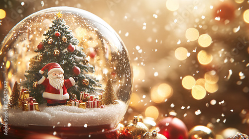 Festive snow globe featuring jolly Santa Claus and decorated Christmas tree surrounded by gifts