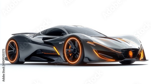 A futuristic sports car with sharp, angular design and glowing digital accents, resting on a white backdrop, representing cutting-edge automotive technology