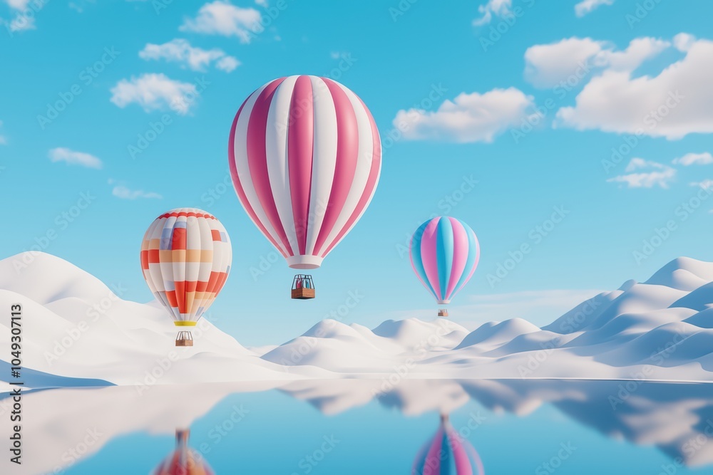 Obraz premium Colorful hot air balloons soaring above serene snowy landscape under a blue sky.
