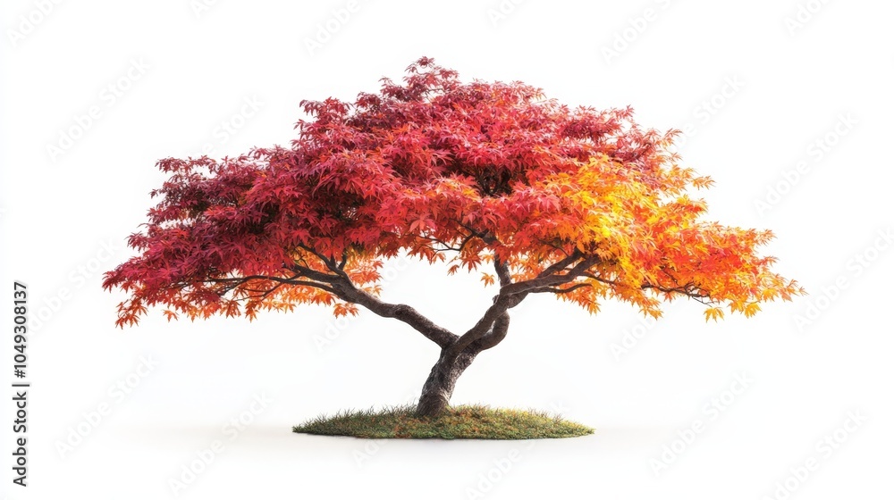 A majestic maple tree in full bloom with fiery autumn colors, placed on a white background, representing the elegance of nature