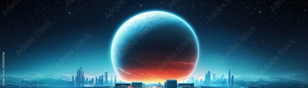 Fototapeta premium Futuristic landscape with a large planet against a starry sky, illuminated by vibrant colors.