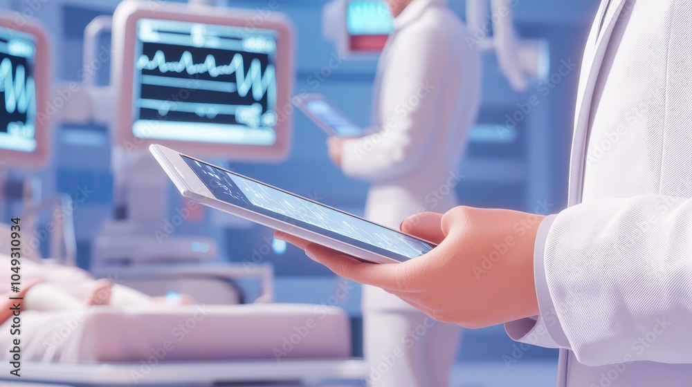 Healthcare professional using tablet in hospital, monitoring patient data on screen. Healthcare professional using tablet in hospital, monitoring patient data on screen.