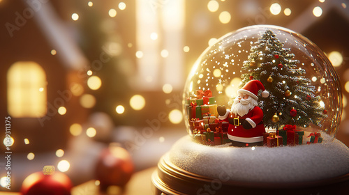 Festive snow globe featuring Santa Claus surrounded by gifts and Christmas tree, set against warm, glowing background.
