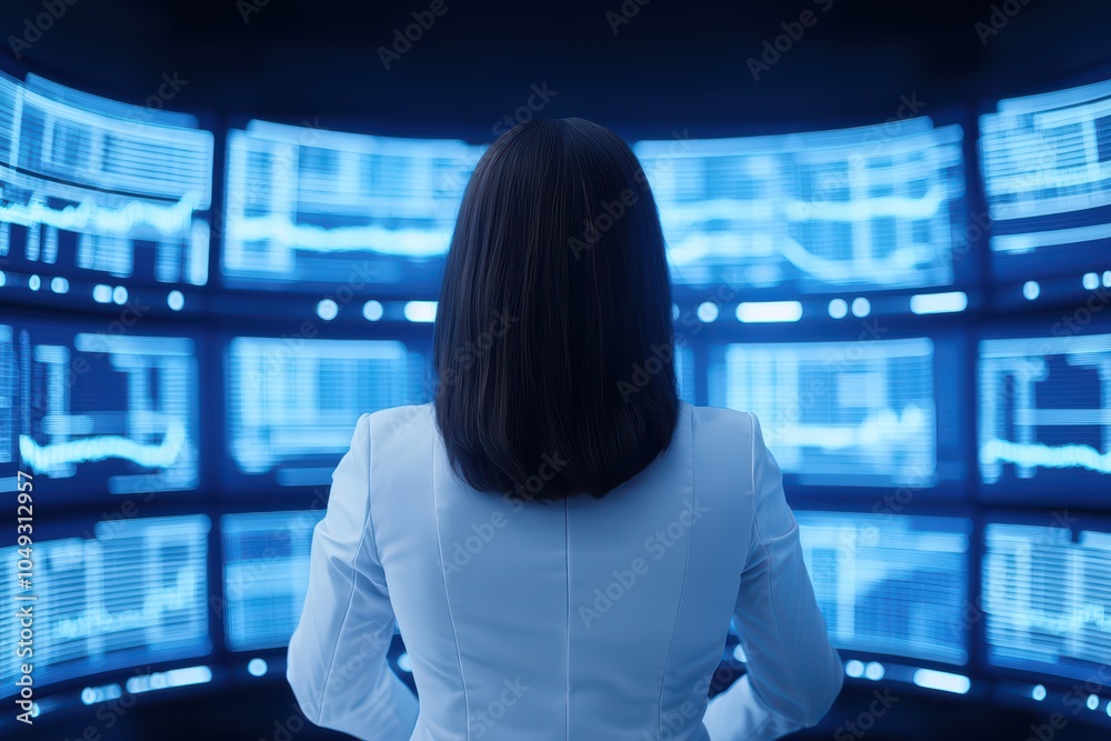 Professional woman in white coat observing data on multiple screens in a modern workspace. Professional woman in white coat observing data on multiple screens in a modern workspace.