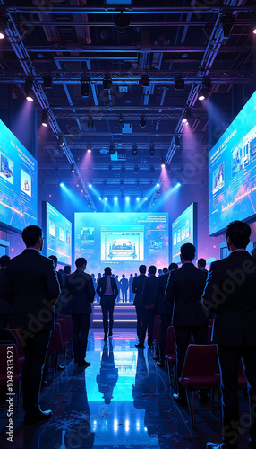 Attendees gather in a large, high-tech conference hall illuminated by blue lights and large screens displaying visuals. The ambiance is futuristic and energetic, ideal for corporate events and present