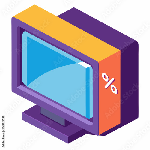 Isometric 3D vector illustration of a computer monitor with a percentage sign on the side, representing online shopping, discount, and sales. Ideal for web design, marketing materials.