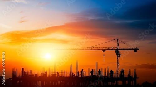 Silhouette of Construction Team on Scaffolding at Sunset with Crane and City Horizon : Generative AI