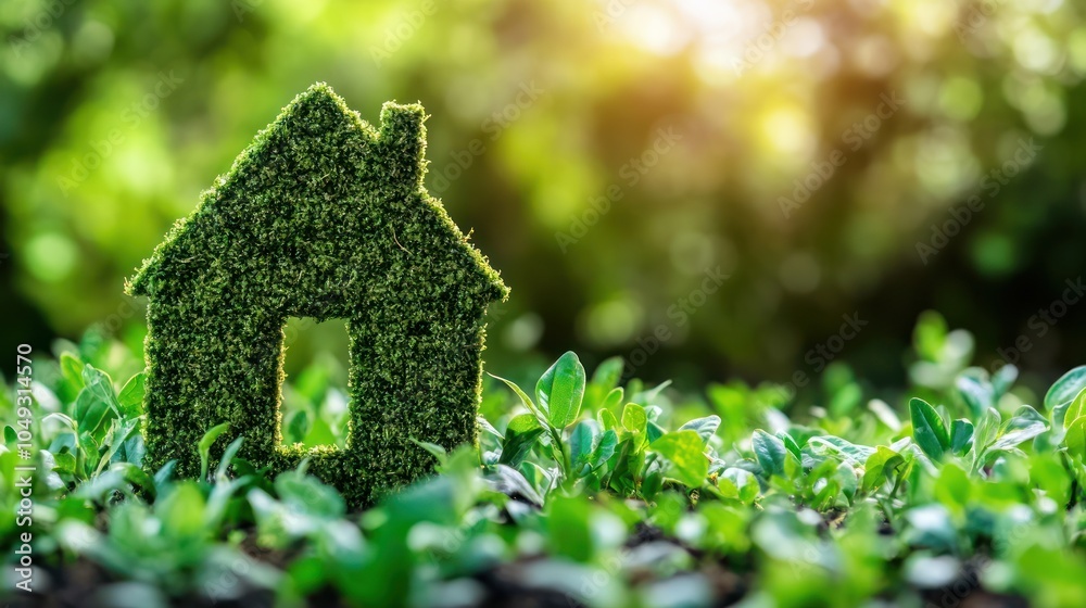 Naklejka premium A green house silhouette made of moss surrounded by fresh plants, symbolizing eco-friendliness.