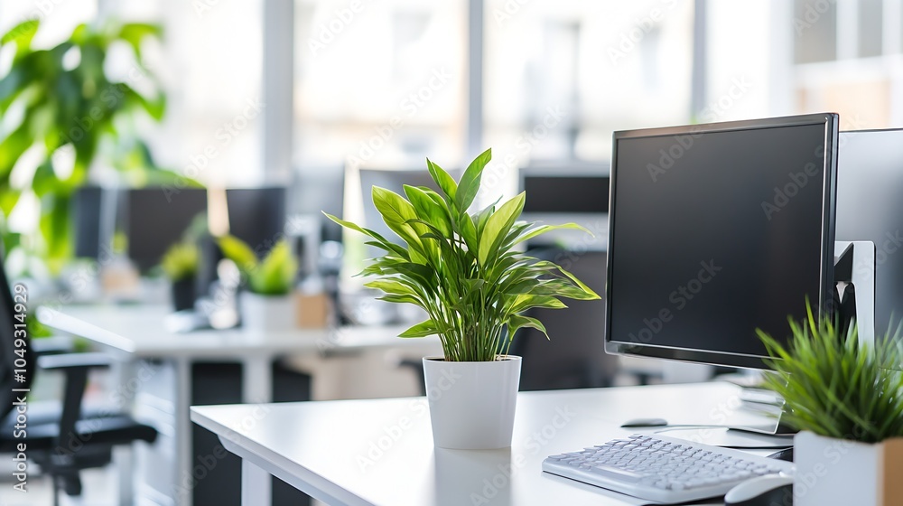 Fototapeta premium Bright Open Office with White Desks and Vibrant Green Plant Accents : Generative AI