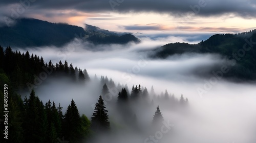 Panoramic View of Misty Mountain Ridges with Dense Forest at Twilight : Generative AI