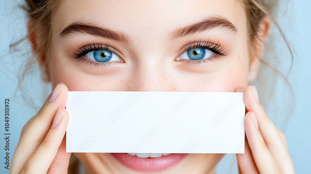Young Woman with Bright Blue Eyes Holding White Card for Personalized Text : Generative AI Young Woman with Bright Blue Eyes Holding White Card for Personalized Text : Generative AI