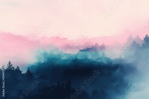 Abstract watercolor landscape with soft pink and teal hues blending over a misty horizon, evoking a tranquil dusk scene