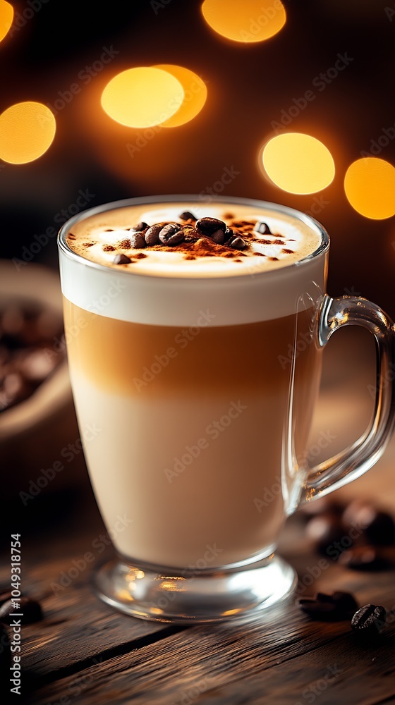 Elegant Latte Macchiato with Foam Art in Cozy Café Setting with Ambient Lighting : Generative AI Elegant Latte Macchiato with Foam Art in Cozy Café Setting with Ambient Lighting : Generative AI