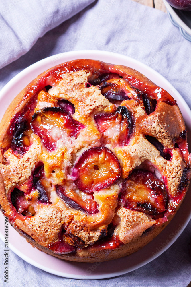 Plum pie with filling and sugar crust, sprinkled with powdered sugar and plums on a wooden table.