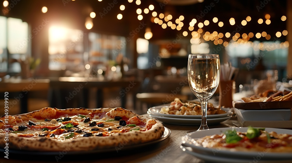 Fototapeta premium Inviting Restaurant Scene with Pizza Wine and Festive Lighting : Generative AI