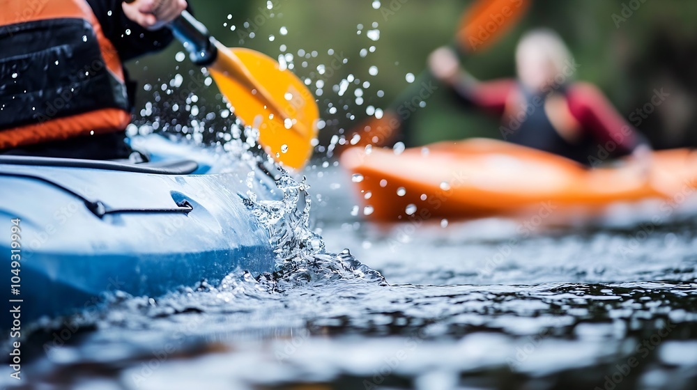 Naklejka premium Dynamic Water Kayaking Action Shot with Splashing Paddles and Orange Kayaks : Generative AI