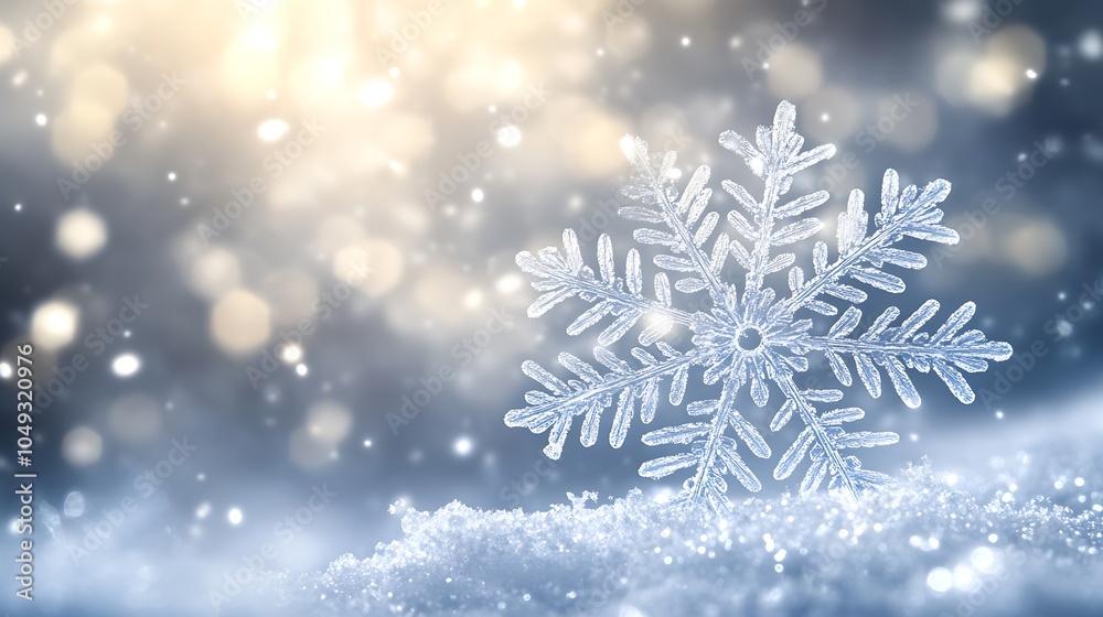 Delicate Snowflake on Frosty Surface with Ethereal Light and Blurred Snowy Bokeh Background : Generative AI Delicate Snowflake on Frosty Surface with Ethereal Light and Blurred Snowy Bokeh Background : Generative AI