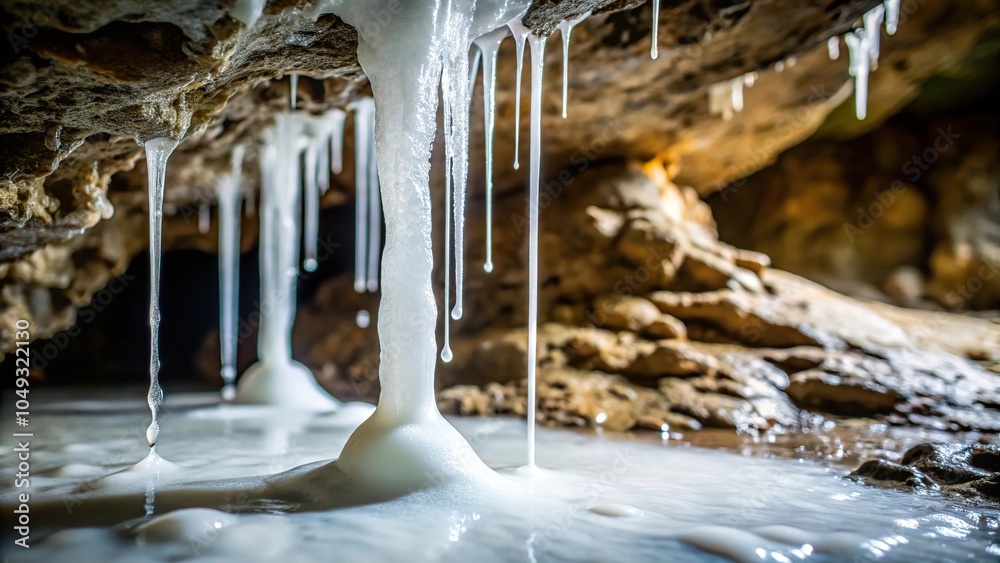Obraz premium A slow-motion shot of a white liquid dripping down a rough stone surface in a damp cave, dark, earth, cave, rock