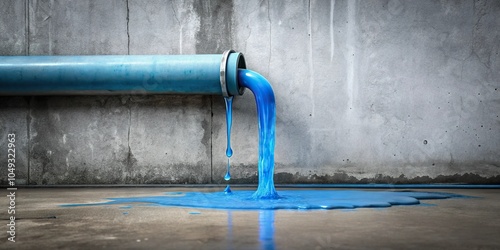 a small amount of blue substance drips from the edge of a metal pipe onto a grey concrete floor, spill, cyan, drainage, damage, fluid