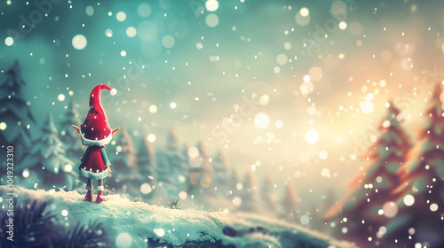 Elf Gazes at Snowy Christmas Village Sunset