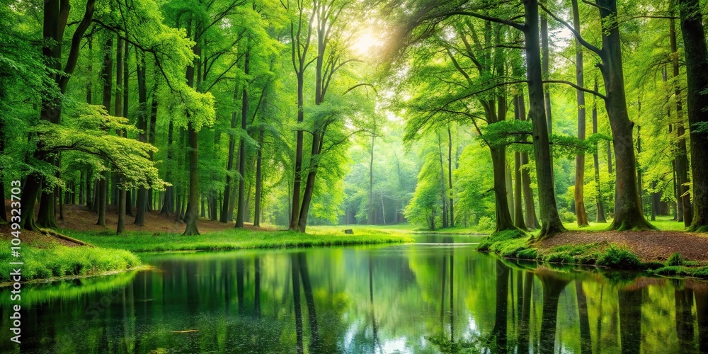 lush green forest with a serene atmosphere and tall trees surrounding a small pond, foliage, outdoors, trees