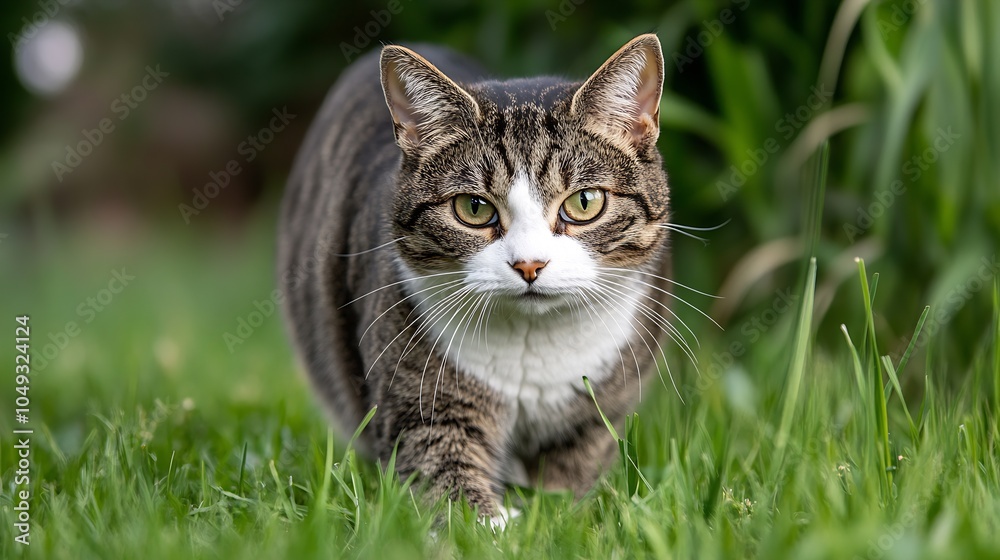 Curious Tabby Cat Prowling Through Lush Green Grass in a Garden Setting : Generative AI Curious Tabby Cat Prowling Through Lush Green Grass in a Garden Setting : Generative AI
