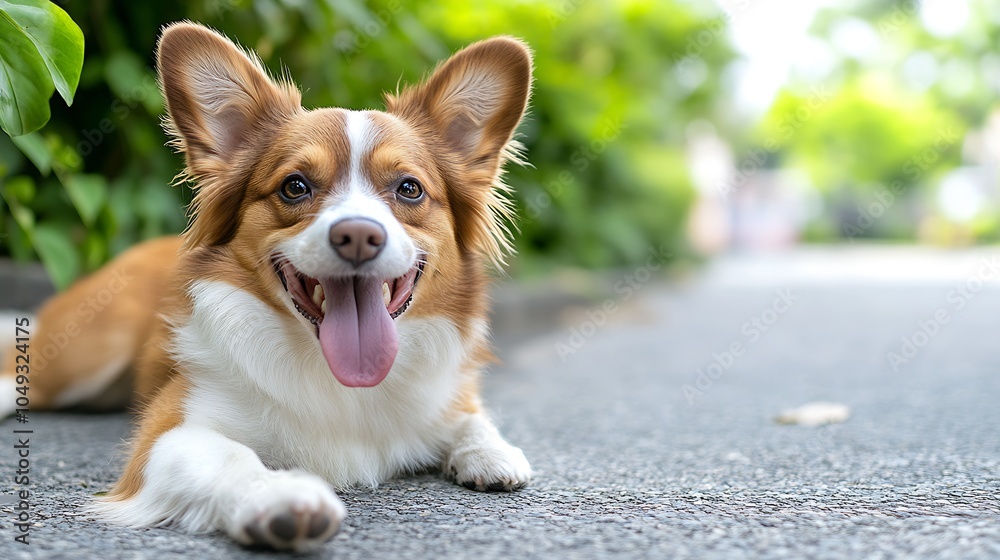 Energetic Corgi Lying on Pavement with Tongue Out on a Bright Sunny Day : Generative AI Energetic Corgi Lying on Pavement with Tongue Out on a Bright Sunny Day : Generative AI