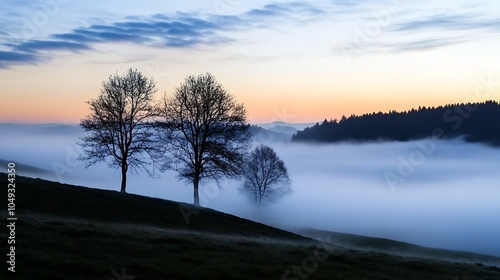 Serene Misty Valley with Bare Trees at Sunrise Under Soft Sky : Generative AI