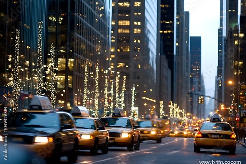 New York City Taxi Cabs on Busy Street with Festive Lights : Generative AI