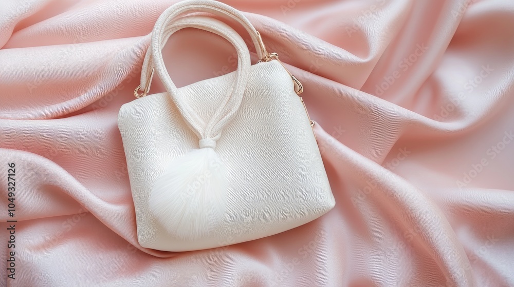 Elegant White Handbag on Soft Pink Fabric Elegant White Handbag on Soft Pink Fabric