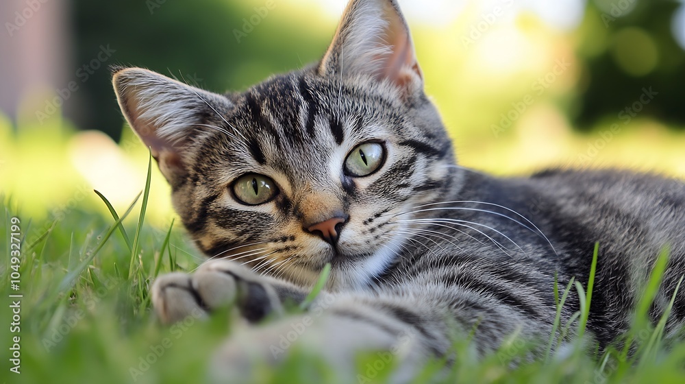 Charming Tabby Cat Relaxing on Green Grass in a Sunny Summer Garden : Generative AI