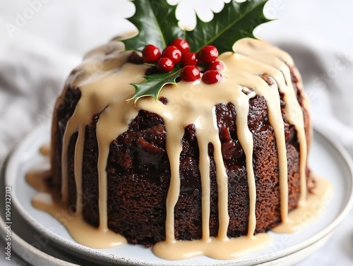 Christmas Pudding with Caramel Sauce. photo