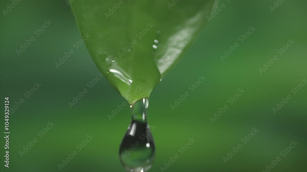 Slow motion macro shot of water droplet falling from fresh green leaf. Alternative herb skin care medicine concept. Herbal essence dropping from leaf. Organic serum drop or green tea tree oil extract Slow motion macro shot of water droplet falling from fresh green leaf. Alternative herb skin care medicine concept. Herbal essence dropping from leaf. Organic serum drop or green tea tree oil extract
