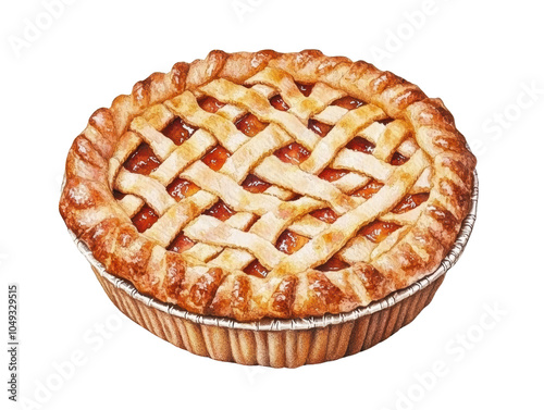 A delicious apple pie with a golden, lattice crust, showcasing a rich filling, perfect for dessert lovers.