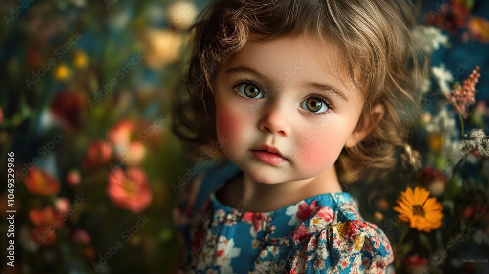 Innocence blooms in a garden of wonder: a young child with captivating eyes and rosy cheeks gazes softly, surrounded by a vibrant tapestry of wildflowers. Innocence blooms in a garden of wonder: a young child with captivating eyes and rosy cheeks gazes softly, surrounded by a vibrant tapestry of wildflowers.