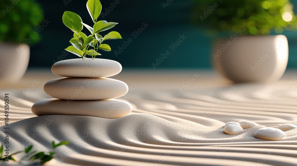 Serene Zen Garden with Stones and Sprouting Plant
