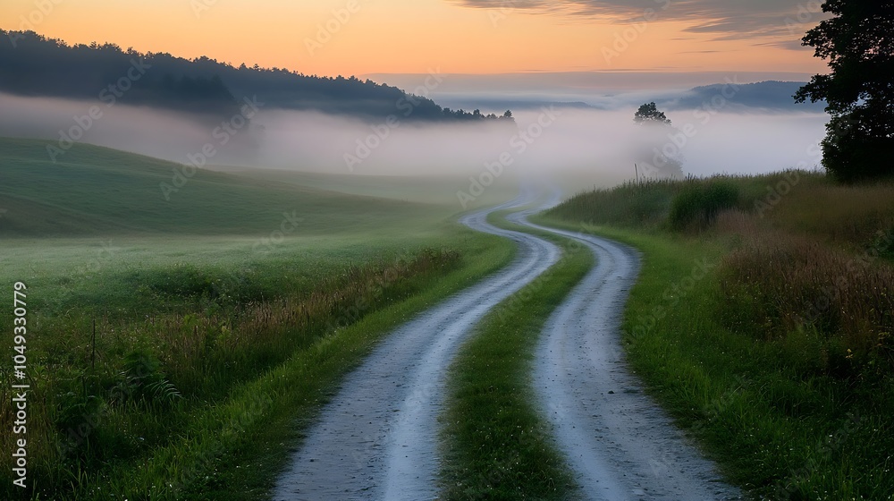 Fototapeta premium Idyllic Countryside Road Winding through Misty Fields at Sunrise : Generative AI