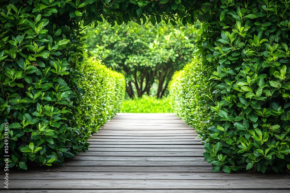 Naklejka premium Serene Green Garden Pathway Surrounded by Lush Vegetation on a Sunny Day : Generative AI