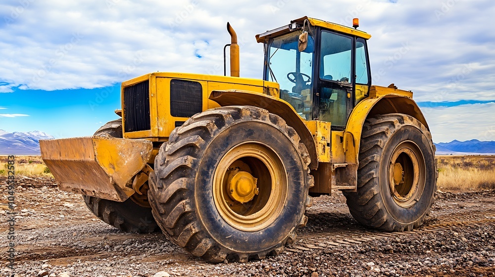 Large Yellow Tractor on Rocky Terrain Under Blue Sky and Clouds for Industry and Agriculture : Generative AI Large Yellow Tractor on Rocky Terrain Under Blue Sky and Clouds for Industry and Agriculture : Generative AI