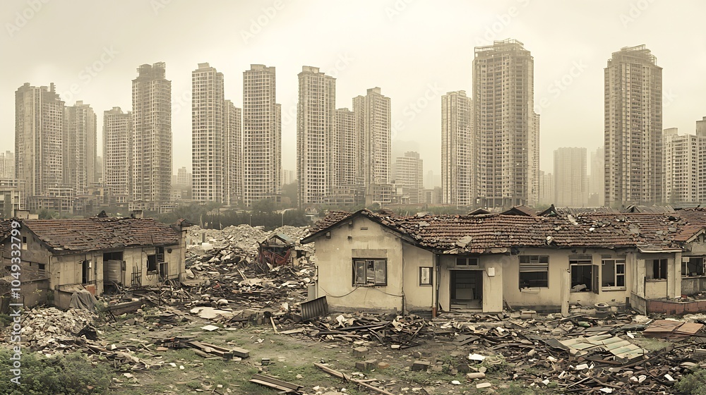 Fototapeta premium Abandoned Urban Area with Dilapidated Buildings and Modern City Skyline : Generative AI