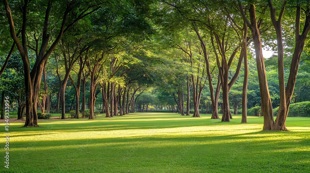 Obraz premium Peaceful Park with Aligned Trees and Green Grass Representing Tranquility and Nature Relaxation : Generative AI