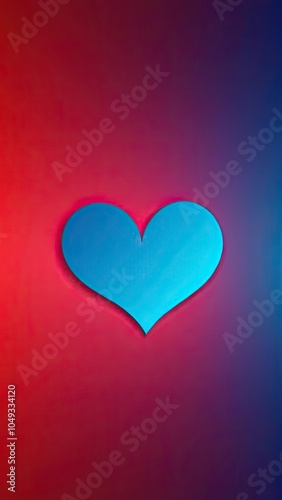 A blue heart is shown against a red and purple gradient background