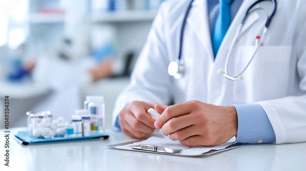 Fototapeta premium Doctor writing patient notes at desk in modern healthcare clinic with focus on medication management : Generative AI