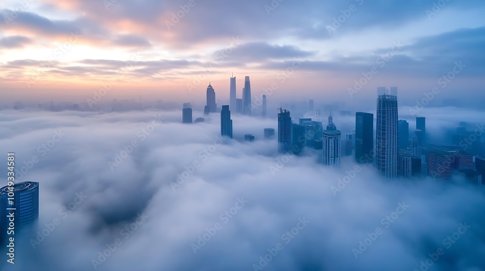 Fototapeta premium Majestic Urban Skyline Shrouded in Morning Mist with Glowing Sunset and Rising Towers : Generative AI