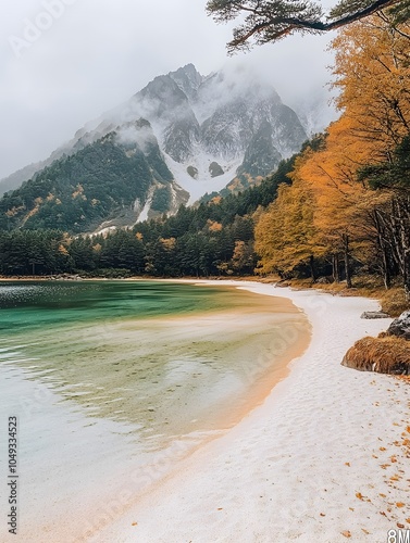 Dreamy scenery mountain streams, white sandy beaches, turquoise rivers, lush green mountains. It gives a sense of peace and romance. It is perfect for inspiring art, travel posters or relaxing media. photo